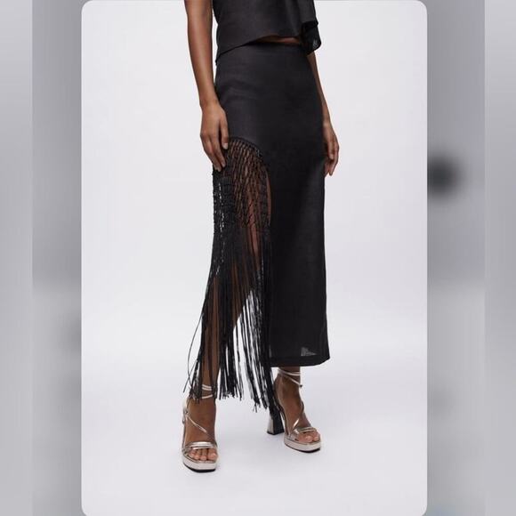 Zara Black FRINGED LINEN SKIRT Size Large - Picture 6 of 13